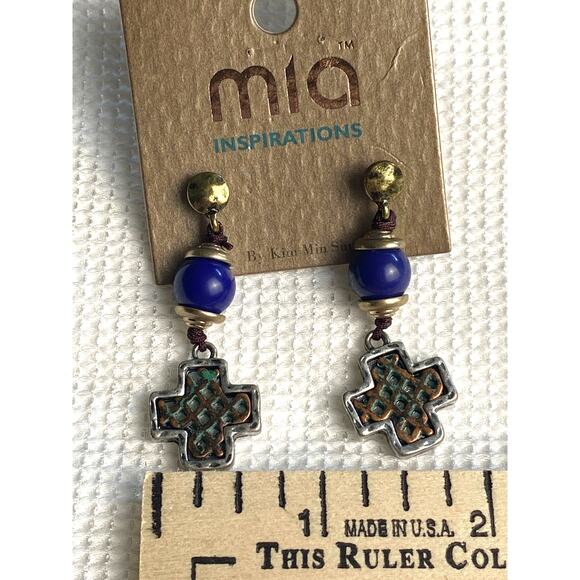 Mia Inspirations Inlay Cross Blue Bead Drop Dangle Post Earrings - Picture 5 of 5